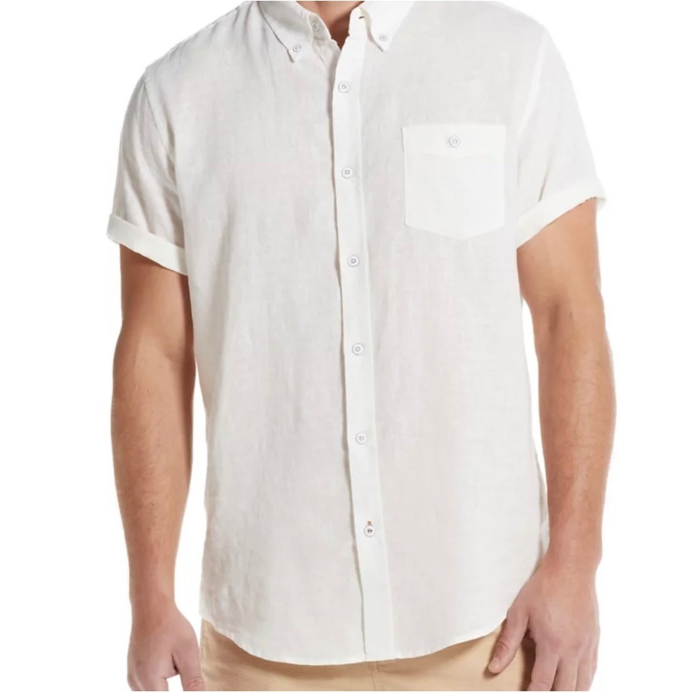 Weatherproof Vintage Mens White Washable‎ Linen Short Sleeve Button Down Shirt M